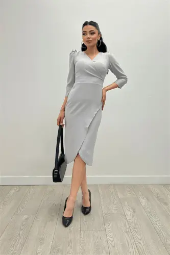 Crepe Fabric Midi Dress - Gray - BÜYÜKBEDENIZ (1)