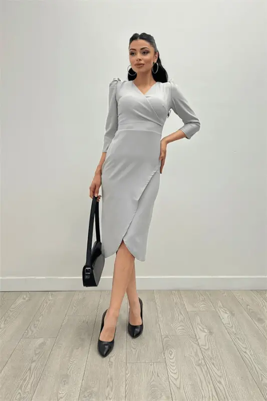 Crepe Fabric Midi Dress - Gray - 2