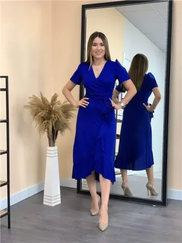 Crepe Fabric Midi Dress - Sapphire Blue - BÜYÜKBEDENIZ (1)