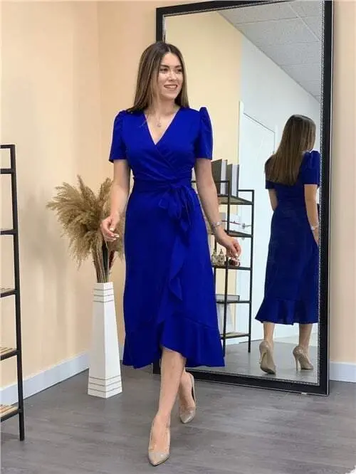 Crepe Fabric Midi Dress - Sapphire Blue - 4