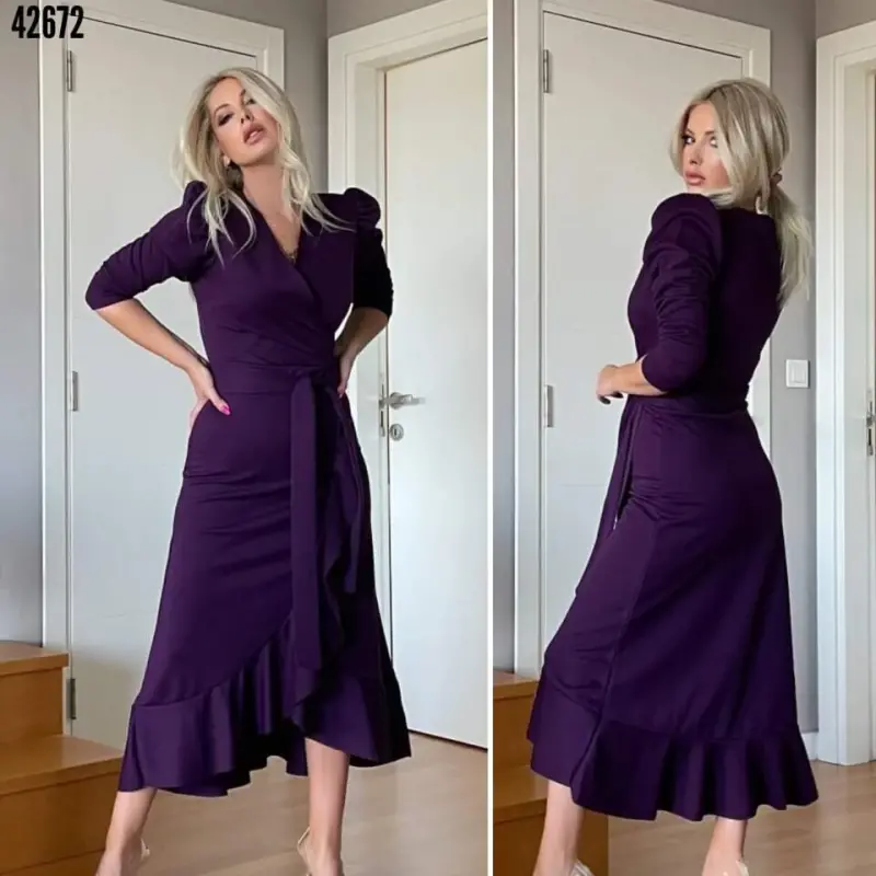 Crepe Fabric Midi Length Belted Long Sleeve Dress - 1