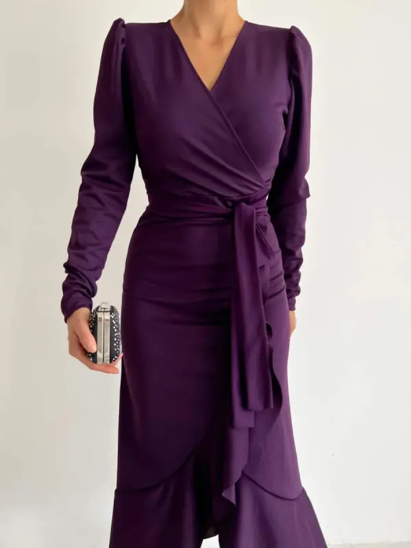 Crepe Fabric Midi Length Belted Long Sleeve Dress - 8