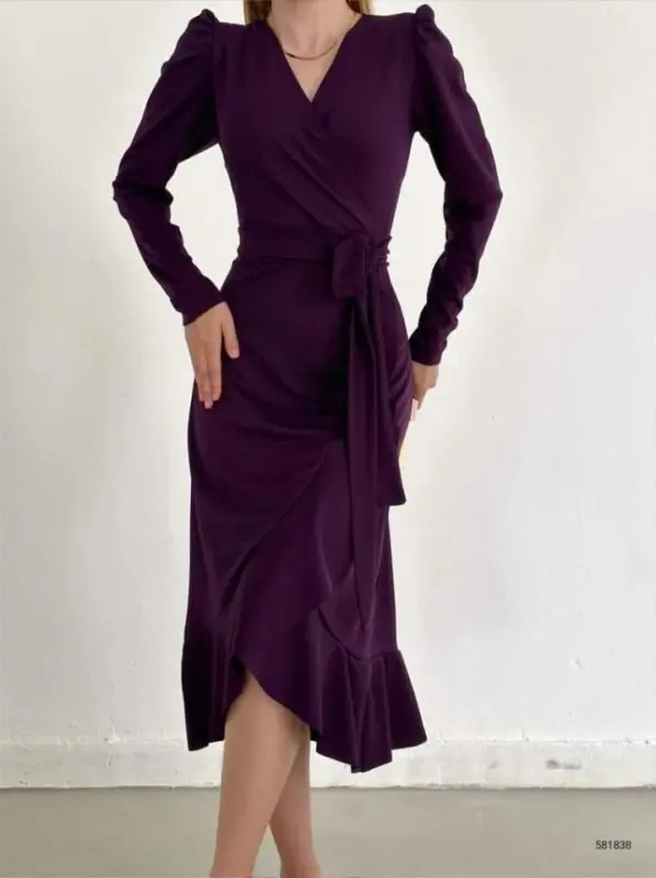 Crepe Fabric Midi Length Belted Long Sleeve Dress - 9