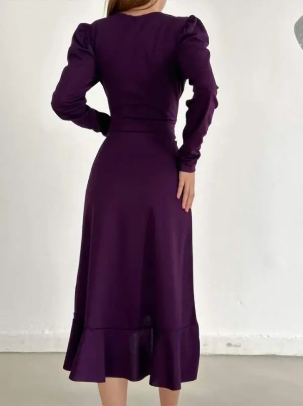 Crepe Fabric Midi Length Belted Long Sleeve Dress - 10