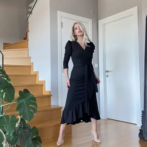 Crepe Fabric Midi Size Belted Long Sleeve Dress 113 Cm - BÜYÜKBEDENIZ (1)