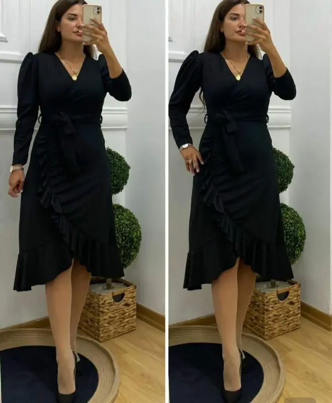 Crepe Fabric Midi Size Belted Long Sleeve Dress 113 Cm - 6