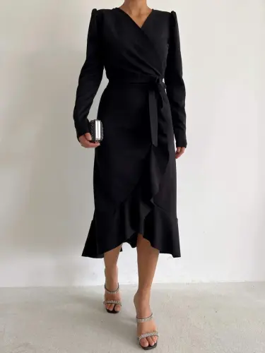 Crepe Fabric Midi Size Belted Long Sleeve Dress 113 Cm - 9