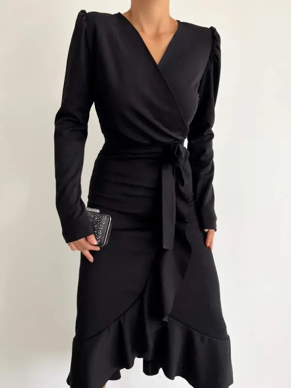 Crepe Fabric Midi Size Belted Long Sleeve Dress 113 Cm - 12