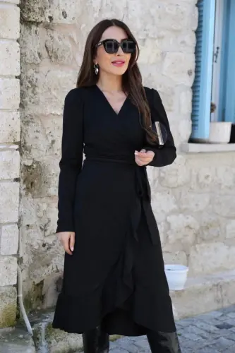 Crepe Fabric Midi Size Belted Long Sleeve Dress 113 Cm - 13