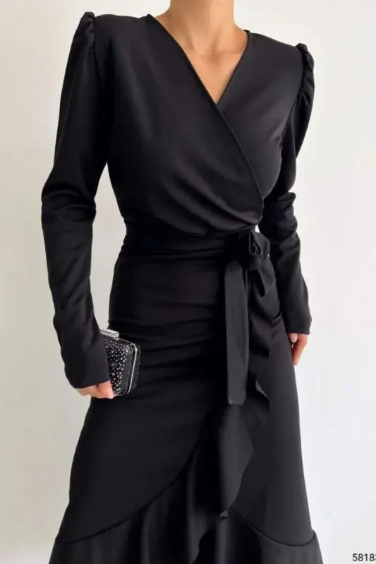 Crepe Fabric Midi Size Belted Long Sleeve Dress 113 Cm - 15