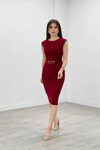 Crepe Fabric Off-Shoulder Tassel Bodycon Dress - BURGUNDY - BÜYÜKBEDENIZ (1)