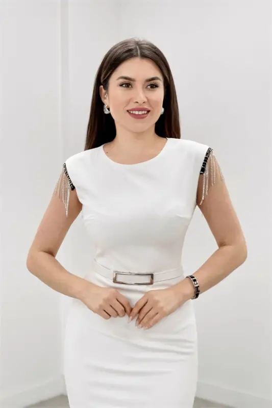 Crepe Fabric Off Shoulder Tassel Pencil Formal Dress - WHITE - 4