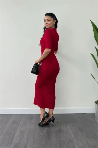 Crepe Fabric Pearl Detail Pencil Dress - RED - 5