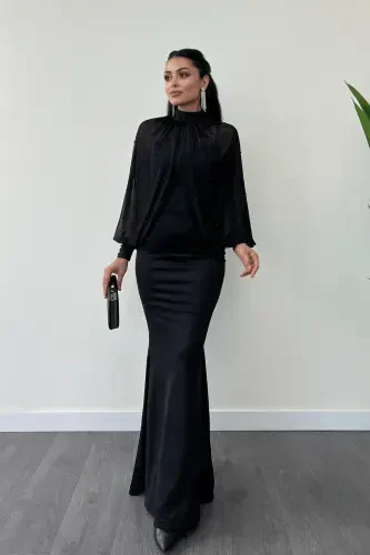Crepe Fabric Pearl Detailed Bolero Fish Dress - BLACK-BLACK - GIYIMMASALI (1)