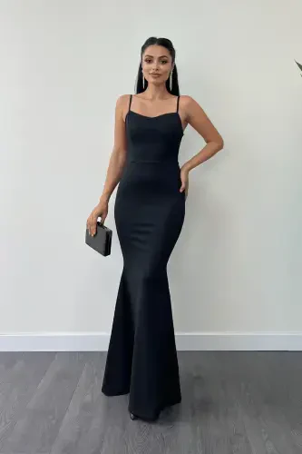 Crepe Fabric Pearl Detailed Bolero Fish Dress - BLACK-BLACK - 3