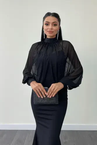 Crepe Fabric Pearl Detailed Bolero Fish Dress - BLACK-BLACK - 4