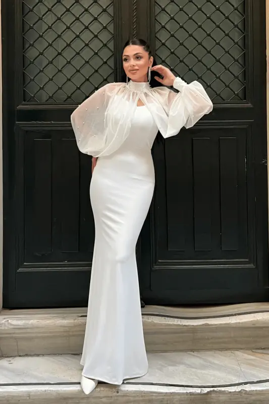 Crepe Fabric Pearl Detailed Bolero Fish Dress - WHITE - 1