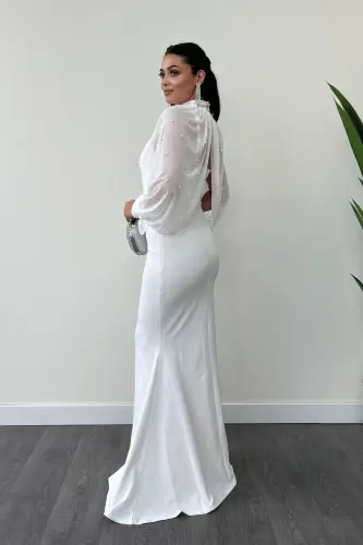 Crepe Fabric Pearl Detailed Bolero Fish Dress - WHITE - 5