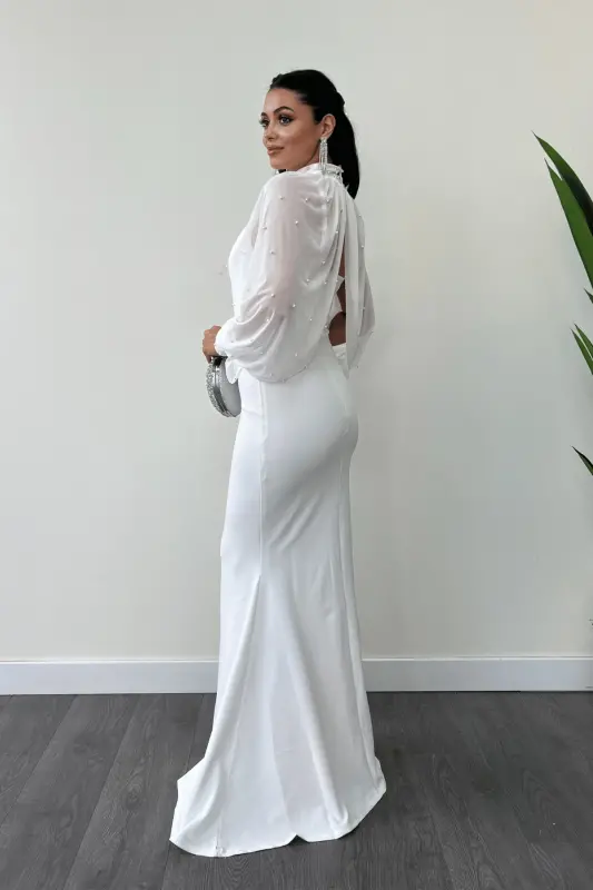 Crepe Fabric Pearl Detailed Bolero Fish Dress - WHITE - 5