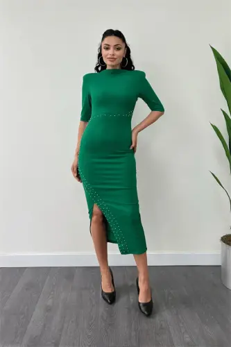 Crepe Fabric Pearl Detailed Pencil Dress - GREEN - 1