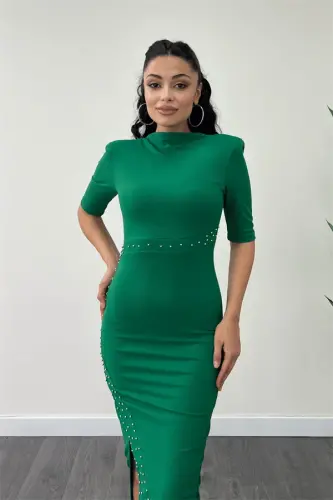 Crepe Fabric Pearl Detailed Pencil Dress - GREEN - 3