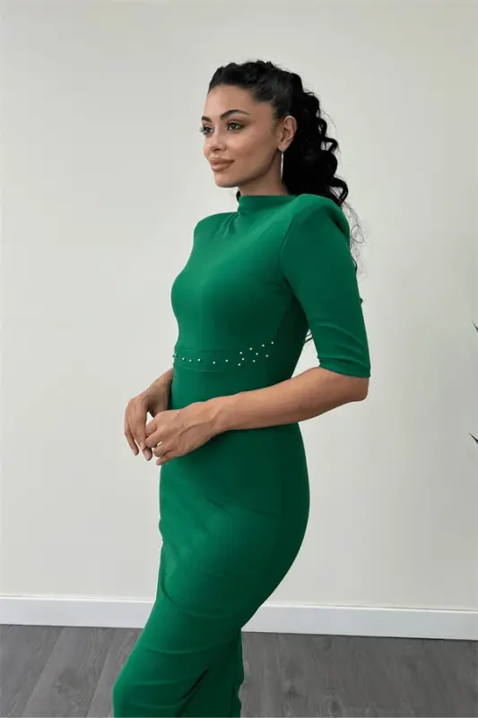 Crepe Fabric Pearl Detailed Pencil Dress - GREEN - 4