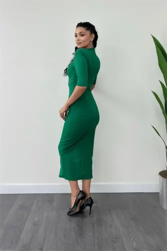 Crepe Fabric Pearl Detailed Pencil Dress - GREEN - 5