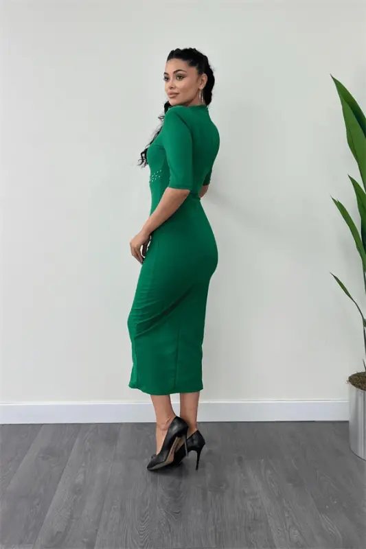Crepe Fabric Pearl Detailed Pencil Dress - GREEN - 5