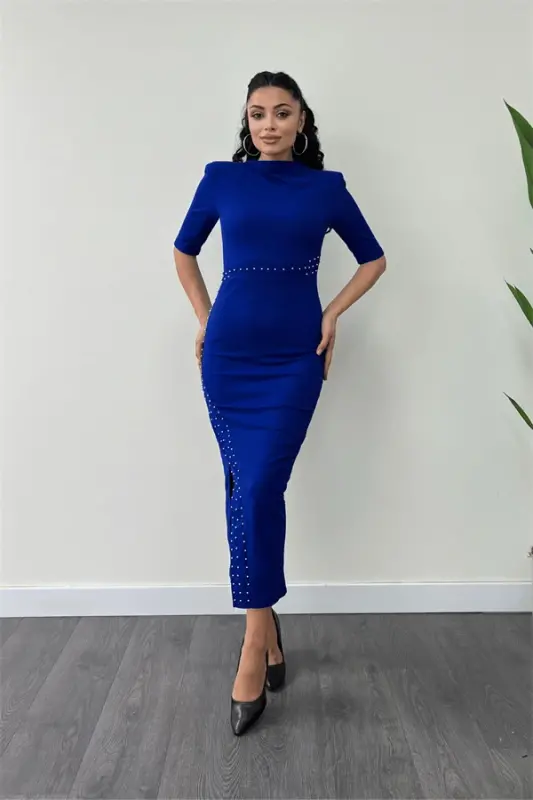 Crepe Fabric Pearl Detailed Pencil Dress - SAX BLUE - 1
