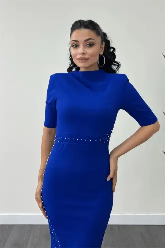 Crepe Fabric Pearl Detailed Pencil Dress - SAX BLUE - 3