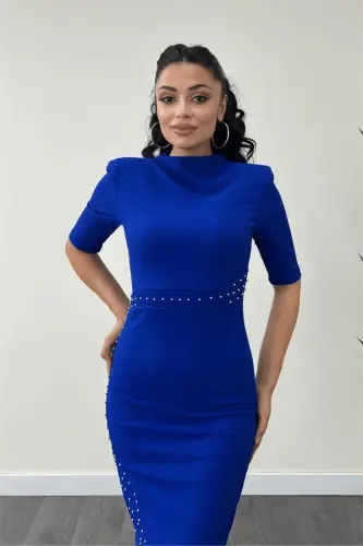 Crepe Fabric Pearl Detailed Pencil Dress - SAX BLUE - 4