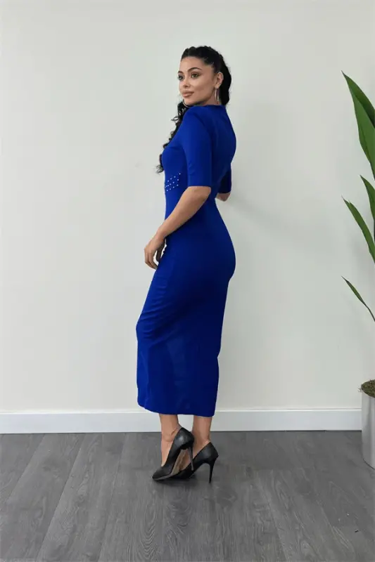 Crepe Fabric Pearl Detailed Pencil Dress - SAX BLUE - 5