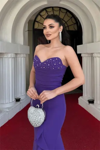 Crepe Fabric Pearl Ruffle Detail Strapless Fishtail Dress - PURPLE - 3