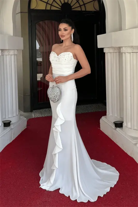 Crepe Fabric Pearl Ruffle Detailed Strapless Fishtail Dress - WHITE - BÜYÜKBEDENIZ