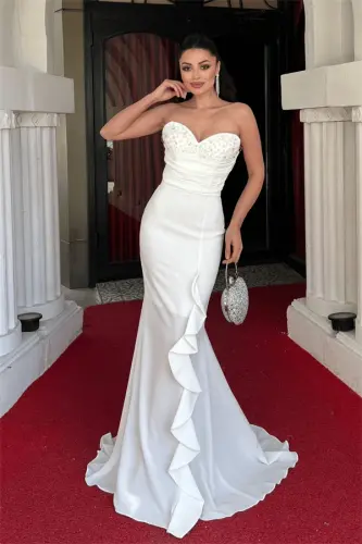 Crepe Fabric Pearl Ruffle Detailed Strapless Fishtail Dress - WHITE - BÜYÜKBEDENIZ (1)