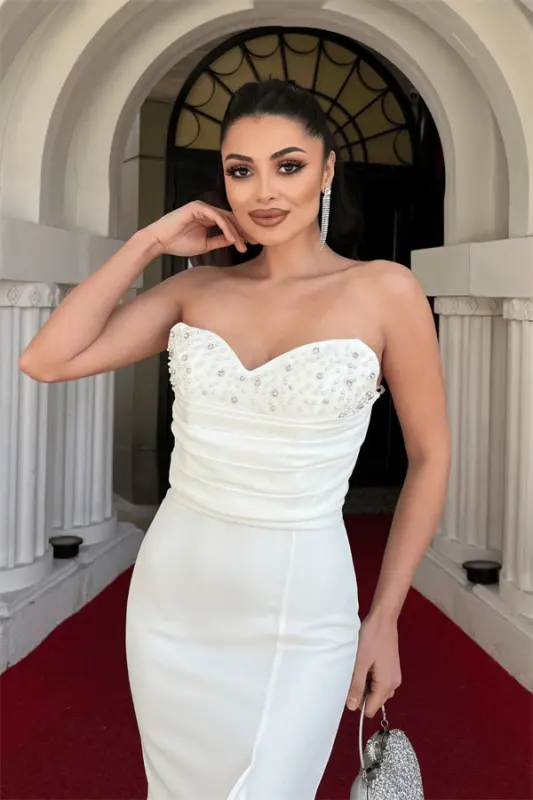 Crepe Fabric Pearl Ruffle Detailed Strapless Fishtail Dress - WHITE - 3