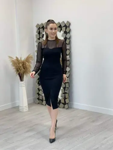 Crepe Fabric Pencil Dress with Tulle Detail - BLACK - 1