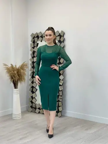 Crepe Fabric Pencil Dress with Tulle Detail - EMERALD GREEN - 1