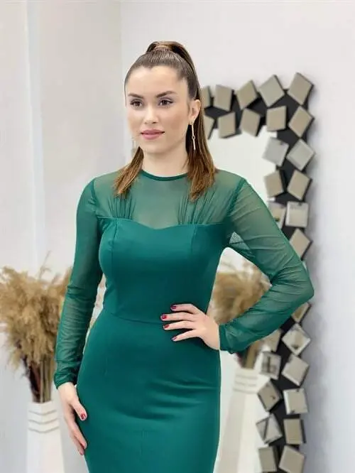 Crepe Fabric Pencil Dress with Tulle Detail - EMERALD GREEN - 3