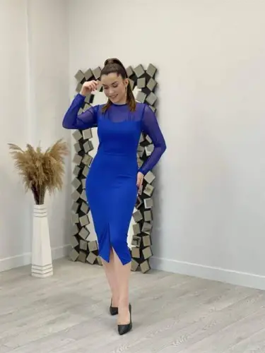Crepe Fabric Pencil Dress with Tulle Detail - SAPPHIRE BLUE - BÜYÜKBEDENIZ (1)