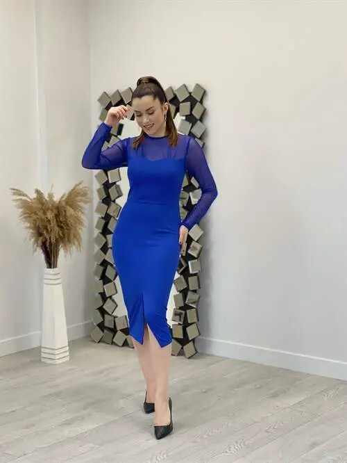 Crepe Fabric Pencil Dress with Tulle Detail - SAPPHIRE BLUE - 2