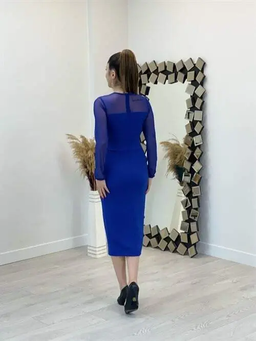 Crepe Fabric Pencil Dress with Tulle Detail - SAPPHIRE BLUE - 5