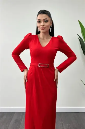 Crepe Fabric Pleated Detail Dress - RED - 3