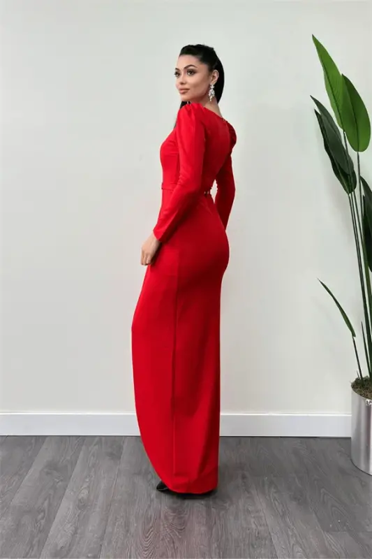 Crepe Fabric Pleated Detail Dress - RED - 4