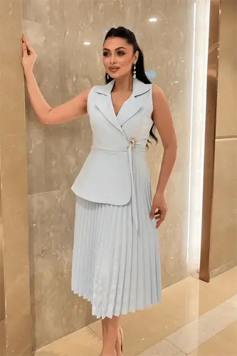 Crepe Fabric Pleated Detailed Dress - BABY BLUE - 4
