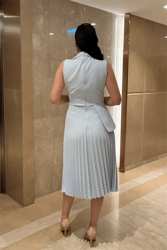Crepe Fabric Pleated Detailed Dress - BABY BLUE - 5