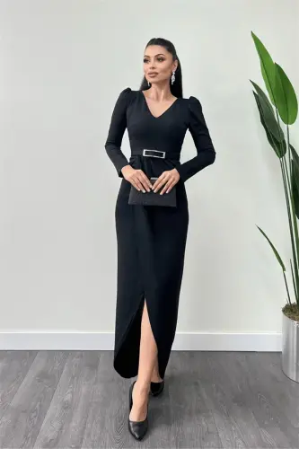 Crepe Fabric Pleated Dress - BLACK - BÜYÜKBEDENIZ (1)