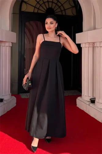 Crepe Fabric Pleated Dress - BLACK - BÜYÜKBEDENIZ (1)