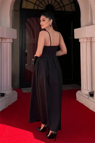 Crepe Fabric Pleated Dress - BLACK - 5