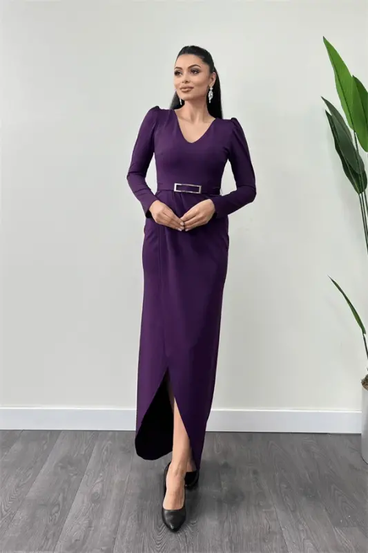 Crepe Fabric Pleated Dress - EGGPLANT PURPLE - 1